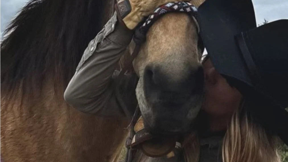 Person hugging a horse in an outdoor setting