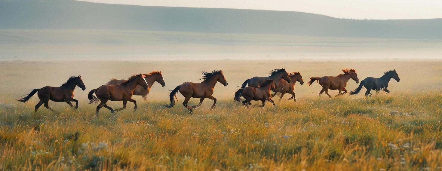 Horses running across a grassy plain with a mountainous background